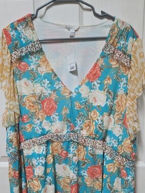 Cato Turquoise Floral V-Neck Tunic with Leopard Trim
